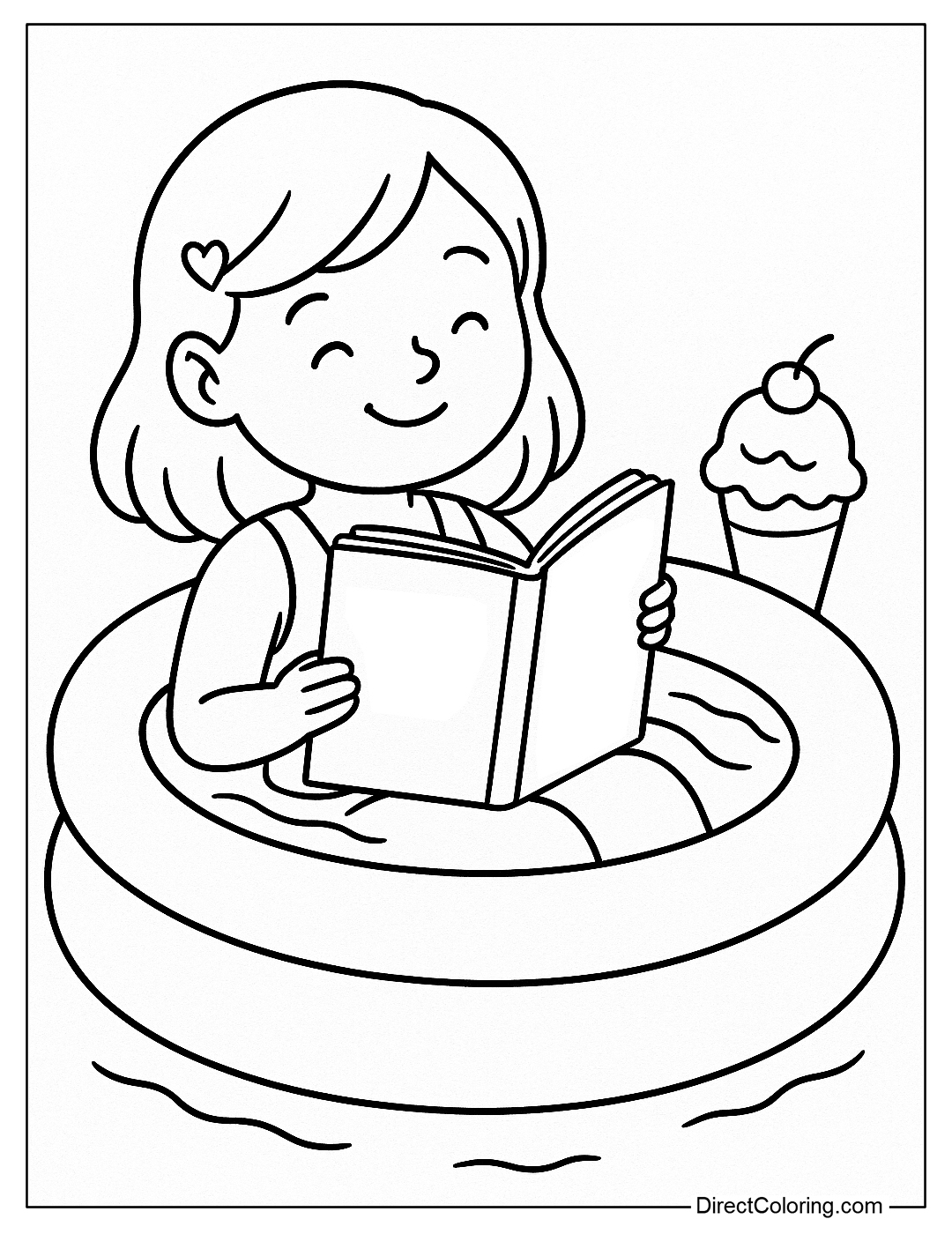 Coloring page of a child reading a book in a inflatable pool, next to a cup of ice cream